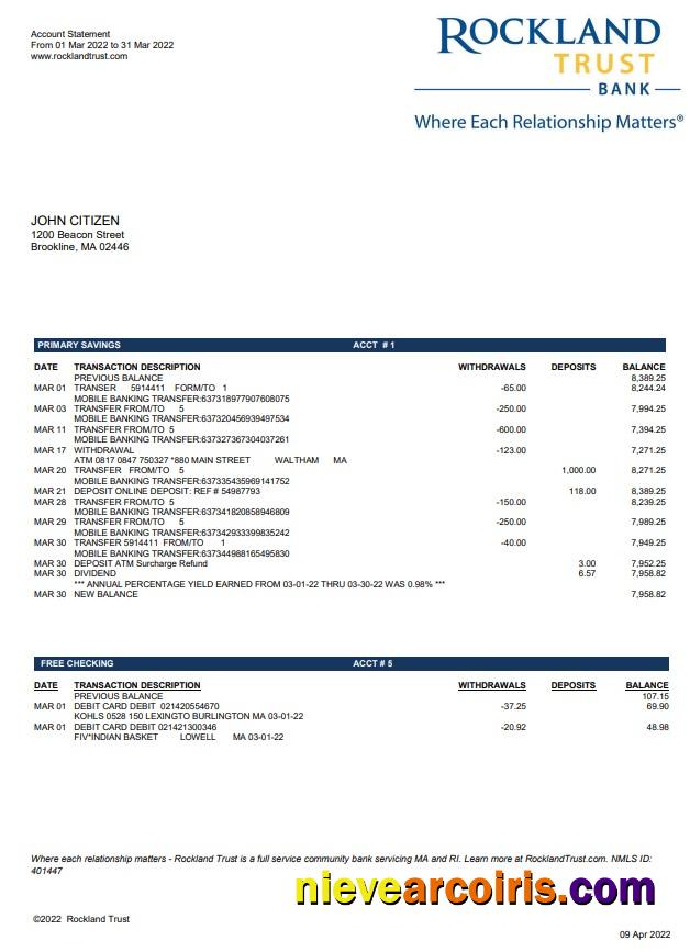USA Massachusets Rockland Trust bank statement